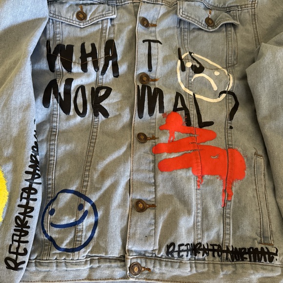 Rue 21 Jacket Denim Hooded Graffiti What Is Normal RIP To My Former Self XXL - Picture 3 of 16